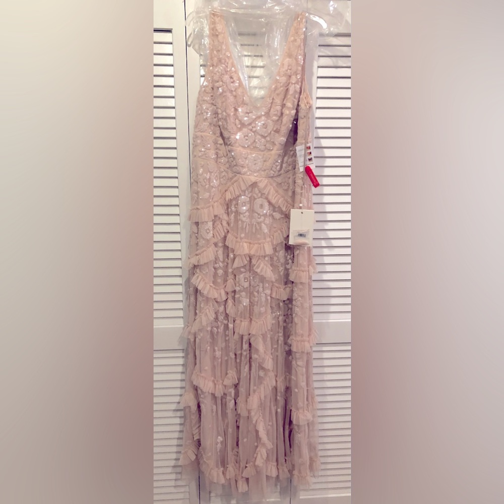 Mac Duggual Sequined Scallop Ruffle Tiered V Neck Gown - Blush; Size 20